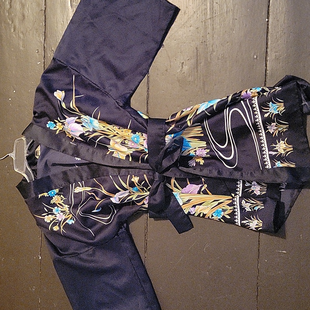 Vintage Black Floral Kimono or Robe with Flowers - Made in Japan